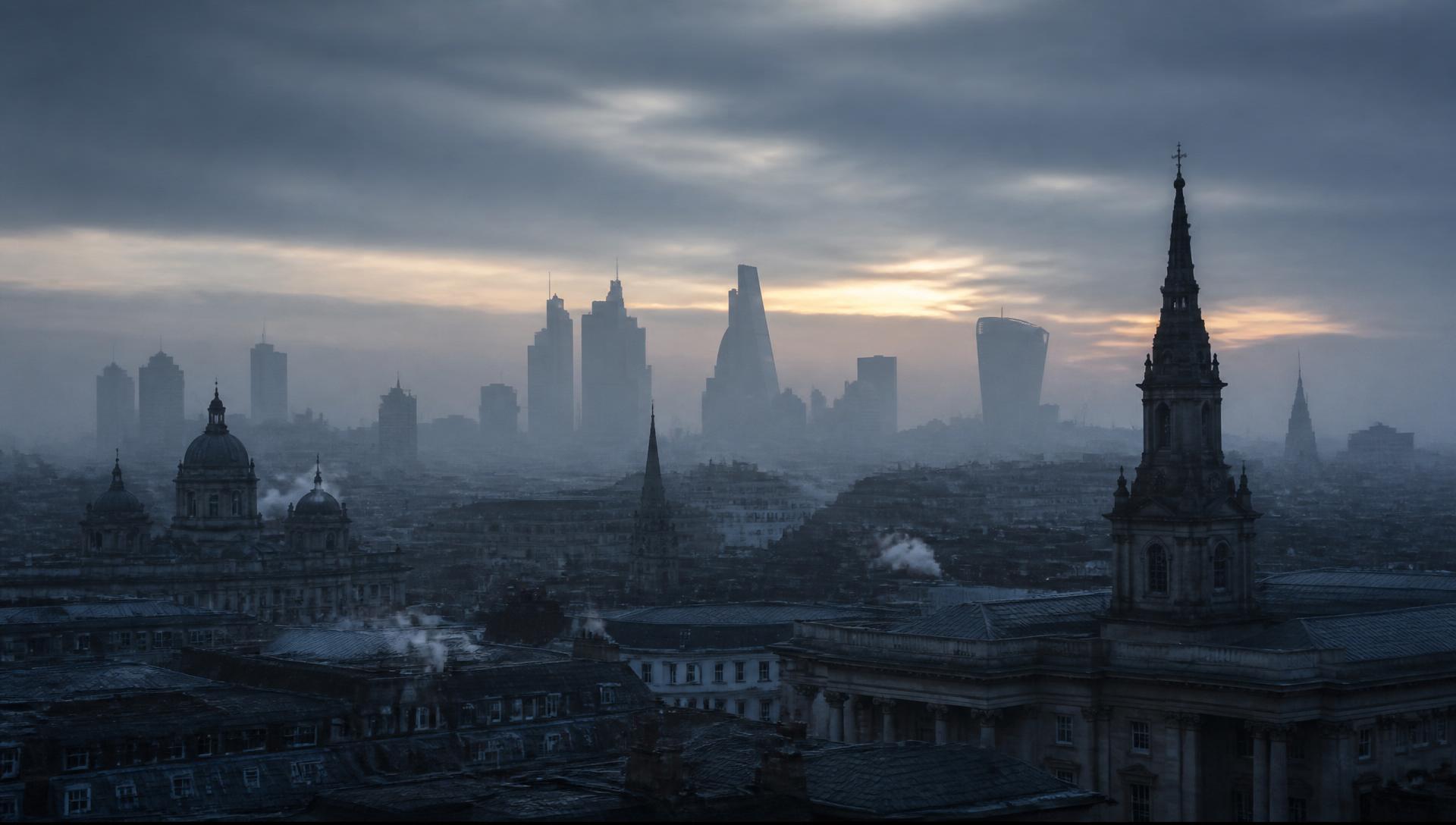 Moody UK city skyline at dawn