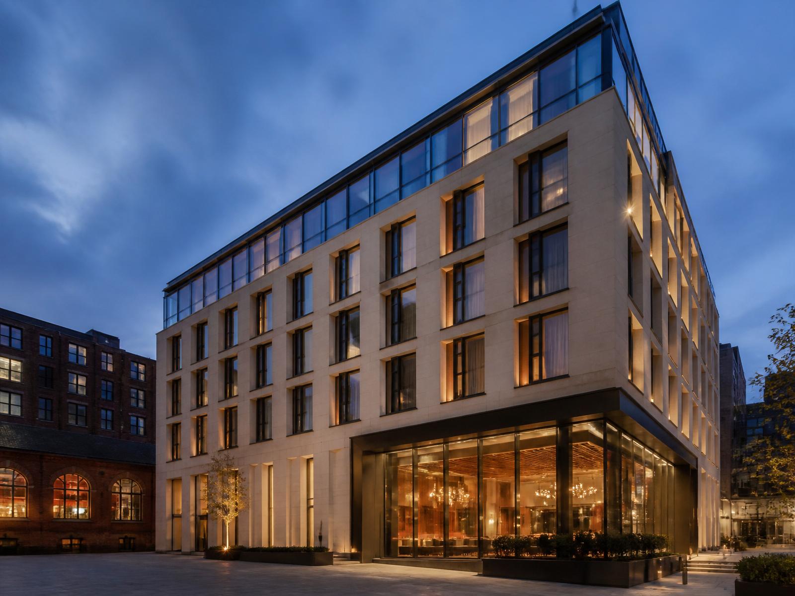 Contemporary UK regional city hotel at dusk
